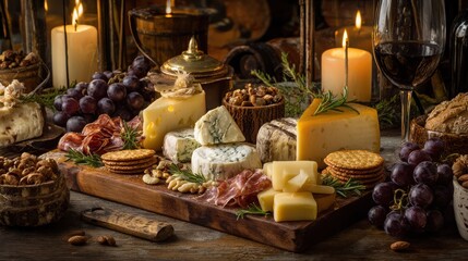 Delightful cheese platter arrangement with grapes, nuts, and wine candles creating a cozy and inviting atmosphere for gatherings and celebrations