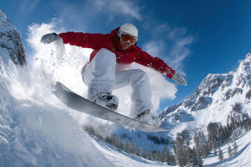 Snowboarder performing tricks on a mountain slope during sunny winter afternoon