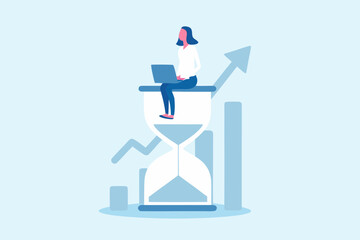 Woman working on laptop on hourglass with upward trending graph symbolizing business growth and time management