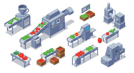 Fototapeta premium Isometric food processing plant with conveyor belts and machinery