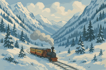Charming vintage train journey through snowy mountain landscape winter wonderland scenic view serene environment