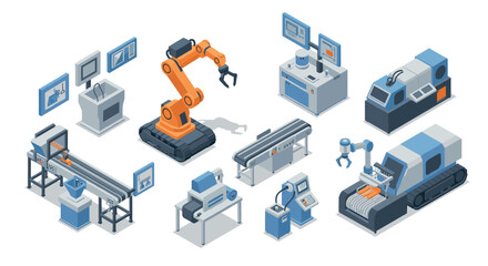 Obraz premium Modern isometric robotics and automation in industrial manufacturing technology