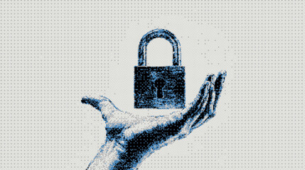 Abstract representation of a human hand holding a padlock symbolizing security and protection