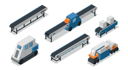 Isometric conveyor belt and factory vehicle set for industrial and manufacturing concepts
