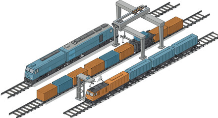 Isometric intermodal freight yard with shipping containers and trains