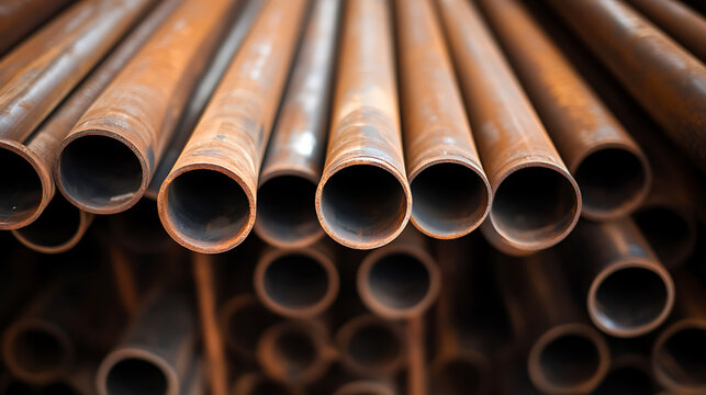 A collection of weathered metal pipes stacked, showing signs of age and use. Their circular openings create a geometric pattern against the backdrop. - Powered by Adobe