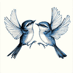 Naklejka premium Pair of bluebirds with detailed feathers engaging in flight.