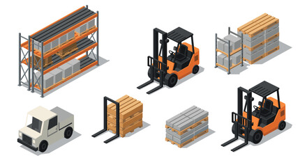 Isometric warehouse equipment collection featuring forklifts and pallet racks