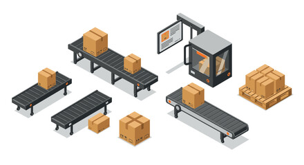 Warehouse automation with conveyor belts and packaging equipment in isometric design