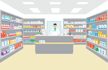 Pharmacy operations overview retail space digital organized environment frontal perspective healthcare concept