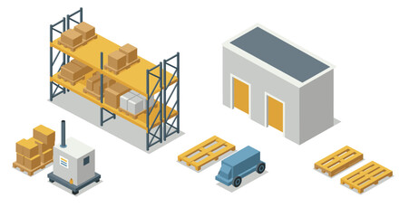 Isometric warehouse elements with shelving, pallets, and delivery truck for logistics designs