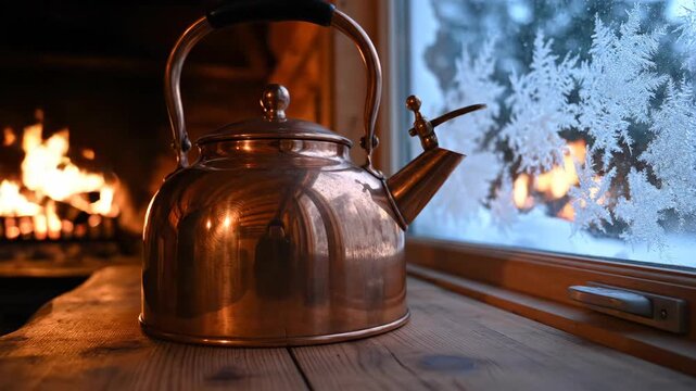 Cozy Winter Scene: Copper Kettle by a Fireplace with Frosted Window and Winter Landscape