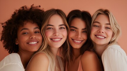 Four diverse smiling young women posing closely together against soft, peach-toned backdrop. Concept for inclusive beauty brand campaign, cosmetic product promotion and female empowerment marketing.