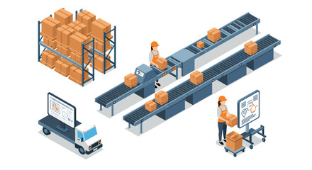 Obraz premium Isometric warehouse automation with workers and conveyor belts