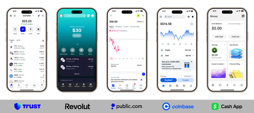 Trust Wallet. Revolut. Public.com. Coinbase. Cash App UI mockup and crypto money management apps interface comparison.