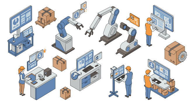 Warehouse automation and robotics isometric technology for efficient management