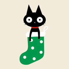 Black cat with wide eyes peeking out of a green polka dot stocking on a beige background.