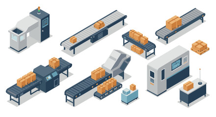 Obraz premium Isometric conveyor belt systems with cardboard boxes for automated packaging and delivery