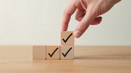 A hand placing the final wooden block to complete a checkmark symbol on a cube structure, symbolizing completion, success, or achieving goals. Organization, Productivity, and Accomplishment.