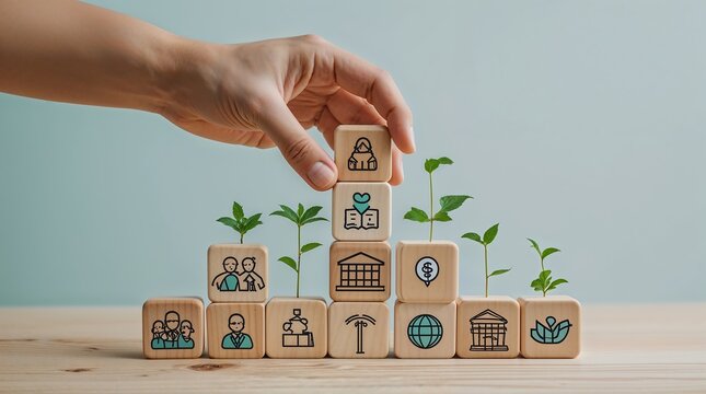 Hand stacking wooden blocks with icons of life such as family, health, finance, education, travel, and wellness. Symbolizes balance, planning, and building a secure future. Stability, care, and growth