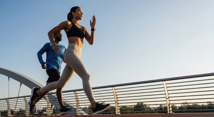 Side view of a fit athletic couple running outdoors on a bridge during a sunny day