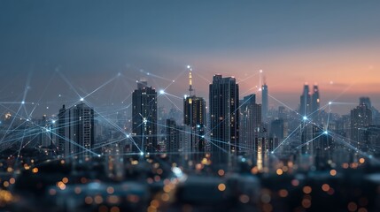 Aerial view of a modern city skyline with digital network connections at dusk, concept for smart city solutions, global communication infrastructure and future technology visualization