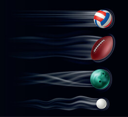 Spiral air currents from flying sports balls on dark background. Flight stream trail. Athletic match. Volleyball and rugby. Track effect. Bowling and golf shot. Motion traces vector set