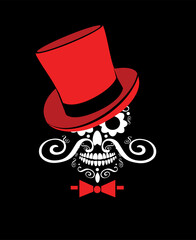 Skull with cylinder hat and bow tie. Black, white and red. Vector illustration.