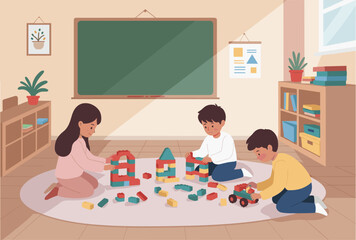 Children building colorful block structures classroom indoor eye-level creative playtime