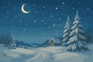Naklejka premium Winter night scene with cozy cabin snowy landscape starry sky peaceful environment digital