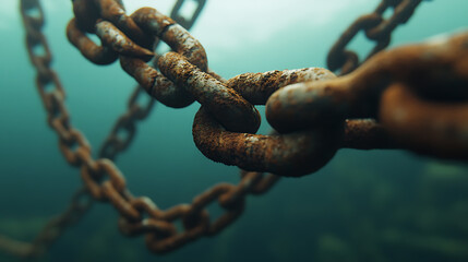 A close-up view of a rusty chain underwater, showing the texture and decay of the metal links. The chain appears old and weathered, contrasting against the blue water backdrop.