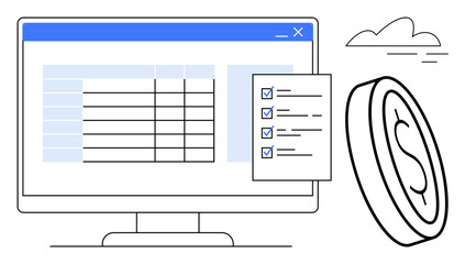 Computer monitor with spreadsheet, checklist highlighting tasks, coin for finance and budget themes, and cloud. Ideal for finance, organization, productivity, planning, accounting technology