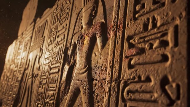 Archeology wall with hieroglyphic carvings and ancient egyptian man figures showing historical relief art, culture footage.
