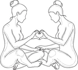 Elegant line art of two women sitting crosslegged forming a heart shape with their hands.