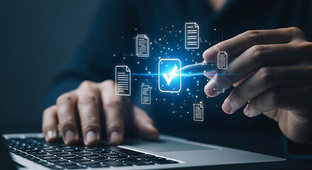 Person working on laptop with digital illustration of document approval process and quality control.