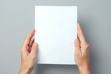 Obraz premium Gen Z hands holding blank white paper against neutral background. Close-up in cinematic style with copy space