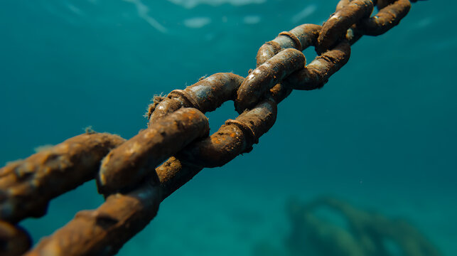 Underwater view of rusted metal chain, illustrating the effects of corrosion and time on submerged objects with a turquoise backdrop, evoking feelings of history and decay.