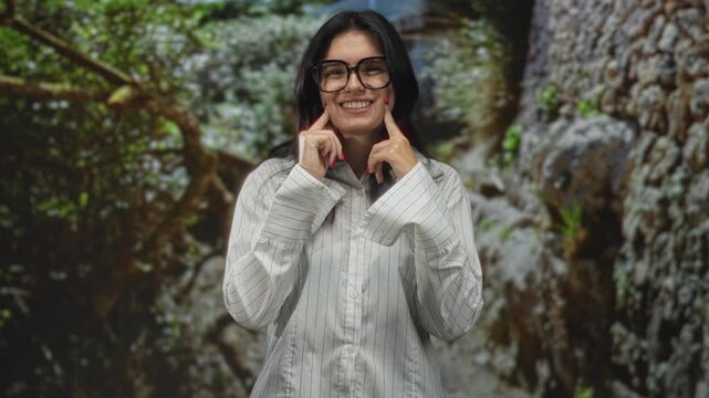 Hispanic woman presses her cheeks with red manicured fingers while standing among winding tree roots in lush forest; playful joy.