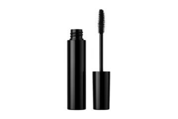 Black mascara tube with applicator wand shown against transparent background