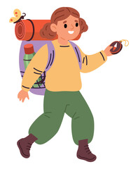Cheerful little girl scout with backpack and compass goes on nature. Hiking travel. Young explorer. Isolated person walking with rucksack. Adventure journey in wilderness. Vector concept