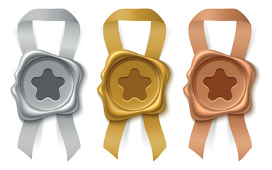 Award wax seals. Rewards made of wax in gold, silver and bronze colors. Star imprint. Realistic circle paraffin stamps with ribbons. Winners certificate badges. Vector isolated objects set