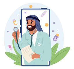 Arab male doctor on smartphone screen conducts virtual medical consultations. Telemedicine consultation. Digital appointment with Arabian physician. Medical phone app. Vector concept