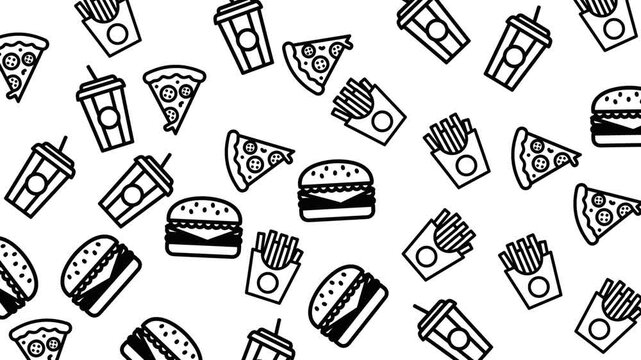 Doodle food pattern with cheese burger, french fries, pizza, and beverages. Perfect for backgrounds, stationery, packaging design, and kitchenrelated projects