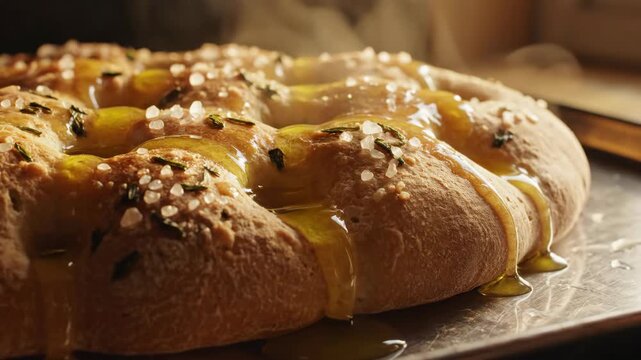 Delicious Focaccia Bread Drizzled with Olive Oil, Showing the Baking Process and Ingredients