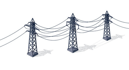 Isometric electrical towers with high voltage power lines on white background