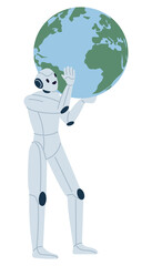 Robot holds globe on its shoulders. Tech progress. Cyborg carries Earth. Global AI future technology. Artificial intelligence worldwide innovation. Cybernetic machine. Vector concept
