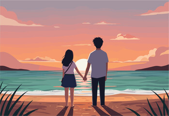 Fototapeta premium Couple watching sunset together beach digital serene environment romantic viewpoint love concept