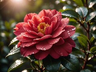 A single red camellia flower in full bloom, Generate AI