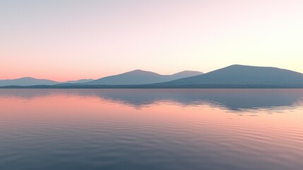 Fototapeta premium Serene sunrise over calm lake reflecting mountains.