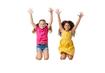 Two happy diverse young girls jumping with arms raised in excitement isolated on transparent background